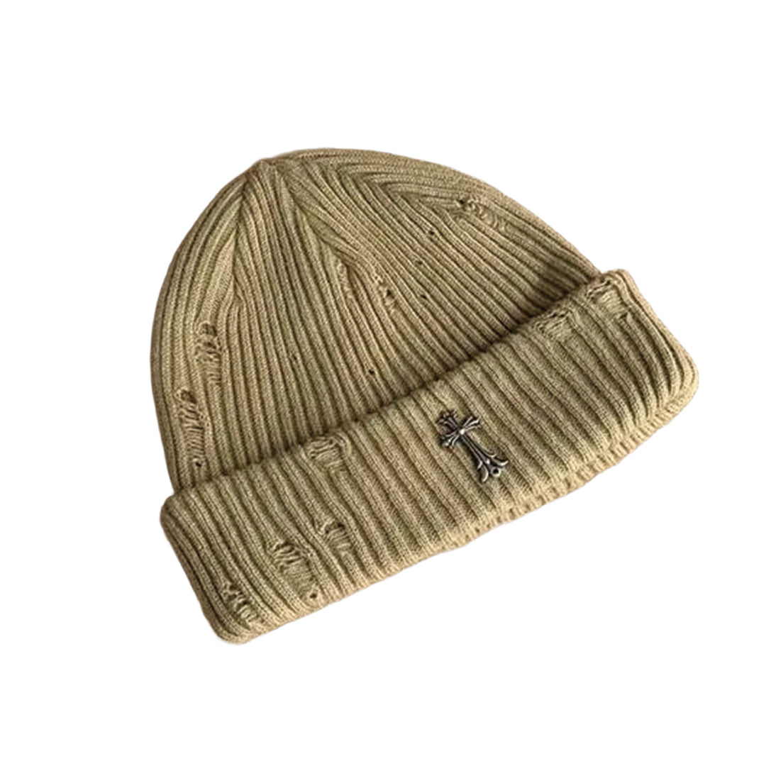 Black ribbed knit beanie with distressed finish and iron cross metal emblem, street style