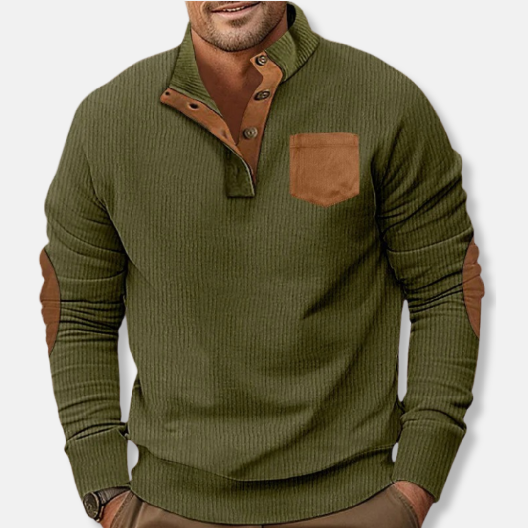 Men's ribbed knit sweatshirt stand collar contrast elbow patches casual pullover