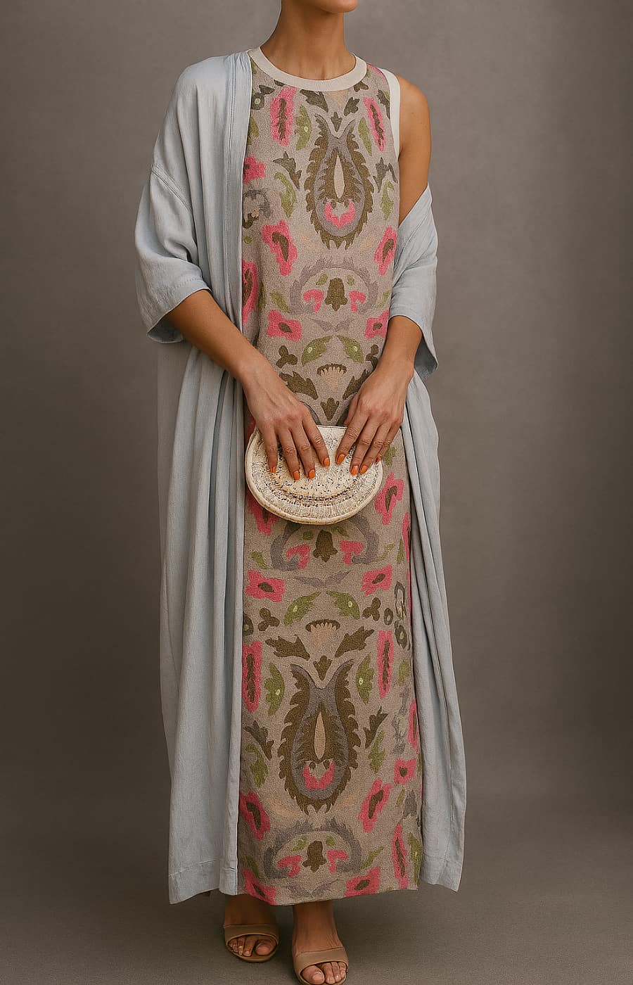 Ivory matching long dress and coat set with elegant flowing silhouette and coordinated layered design