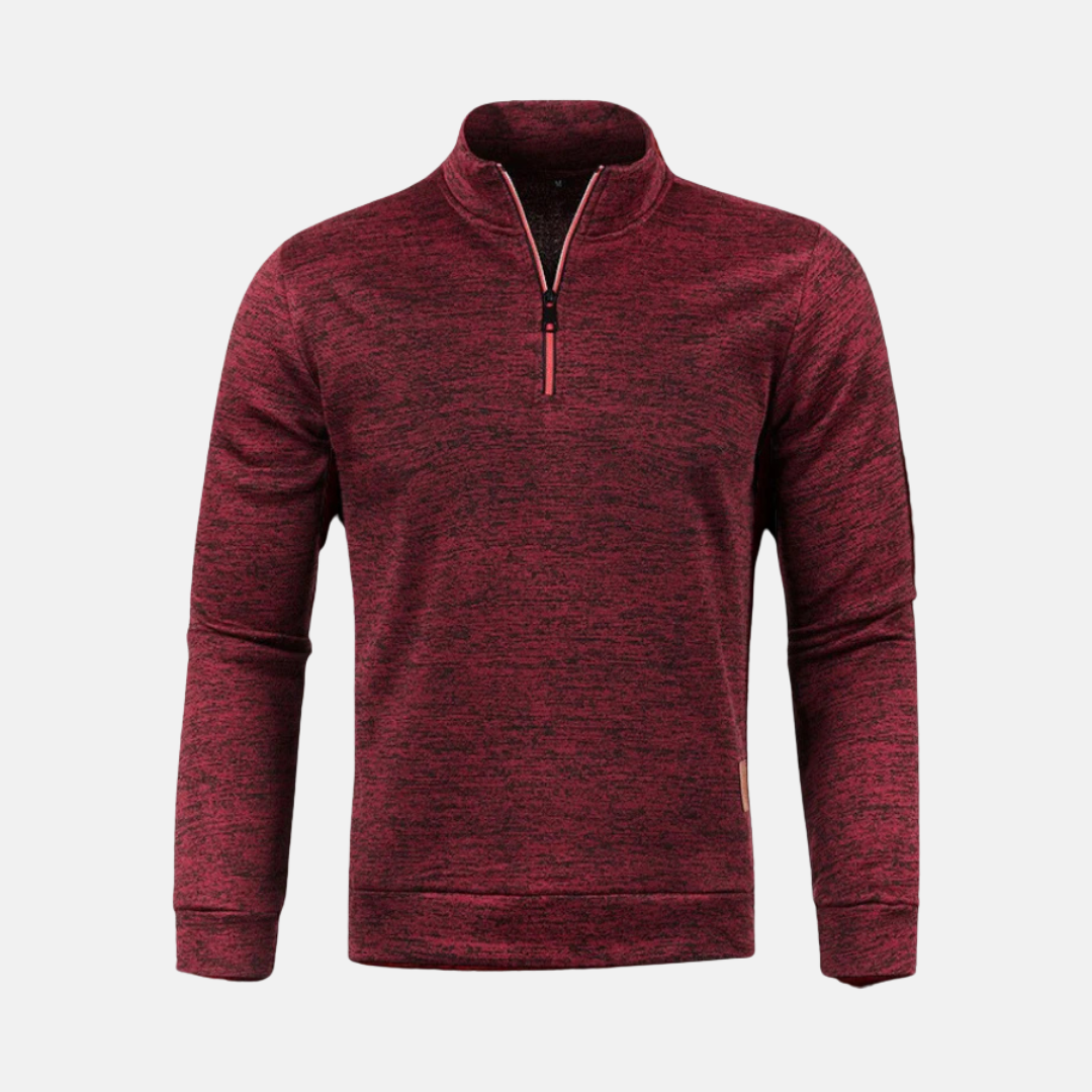 Men's black micro textured knit quarter zip sweatshirt with stand-up collar, regular fit