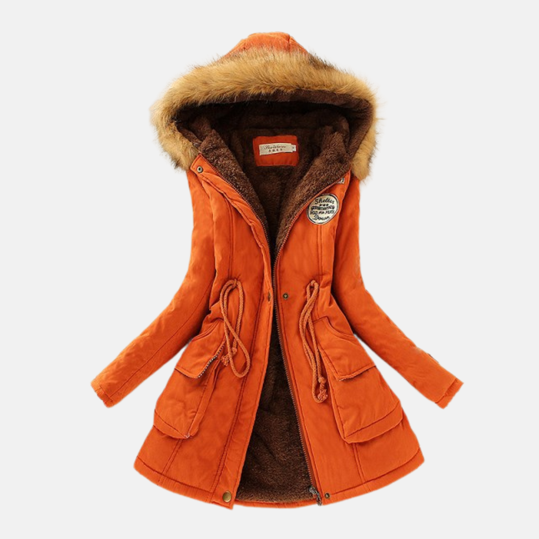 Women's tailored fit parka jacket with fleece lining and faux fur hood zip closure