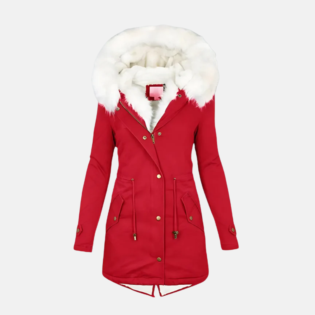 Women's slim fit mid-length parka coat with faux fur hood trim, water-resistant winter outerwear