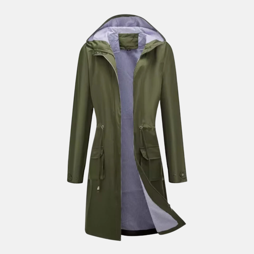 Women's long hooded rain jacket water-resistant zip front adjustable waist all-weather outerwear