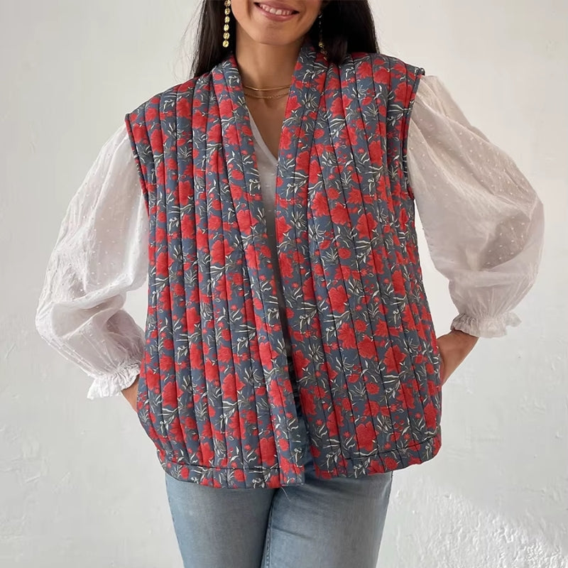 Pladelle plaid floral print sleeveless vest open-front cozy layering piece with refined silhouette