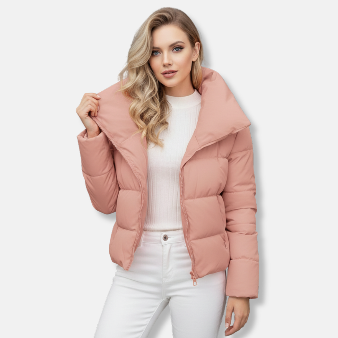 Women's black quilted coat regular fit with funnel neck and asymmetric zip closure for winter