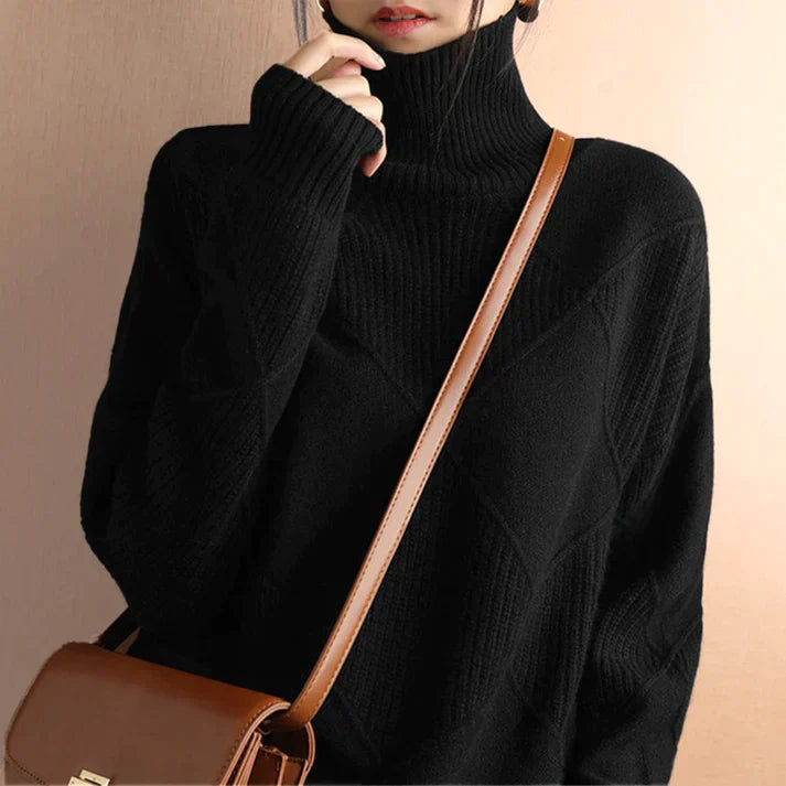 Women's oatmeal wool blend oversized pullover sweater with ribbed high neck knit detailing