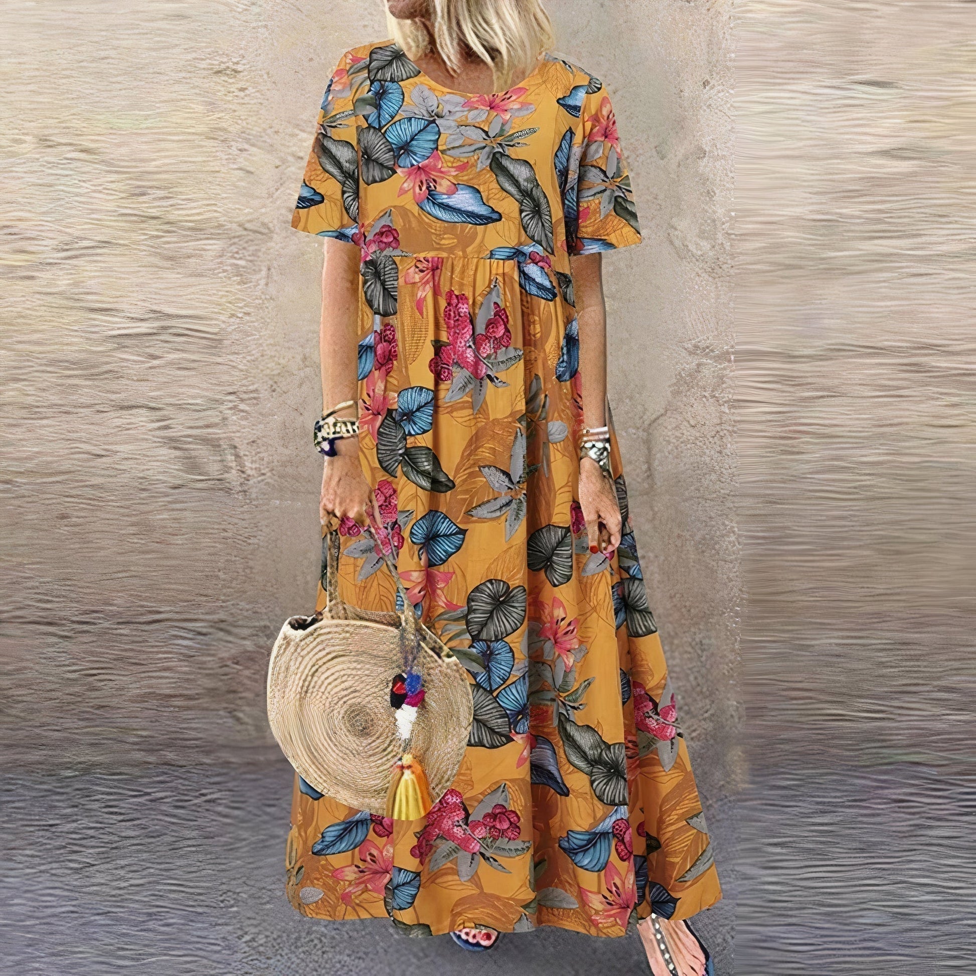 Women's floral lace maxi dress in vibrant blooms with flowy draped silhouette and figure-enhancing fit