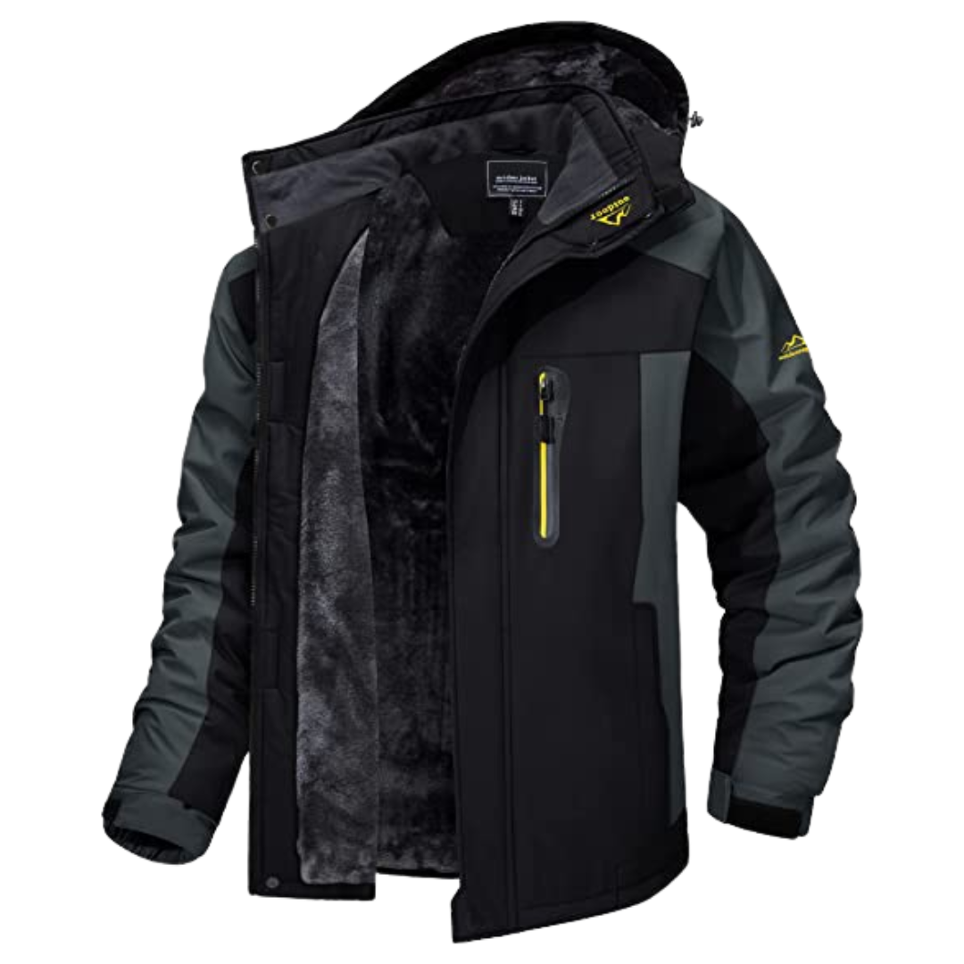 Men's heavy-duty zip-up winter jacket with insulated lining, rugged outdoor style for cold weather