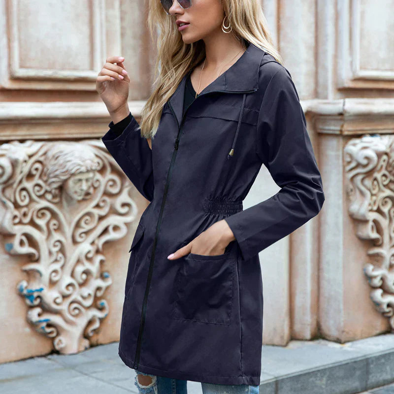 Women's lightweight water-repellent trench coat with adjustable waist and long zip sleeves