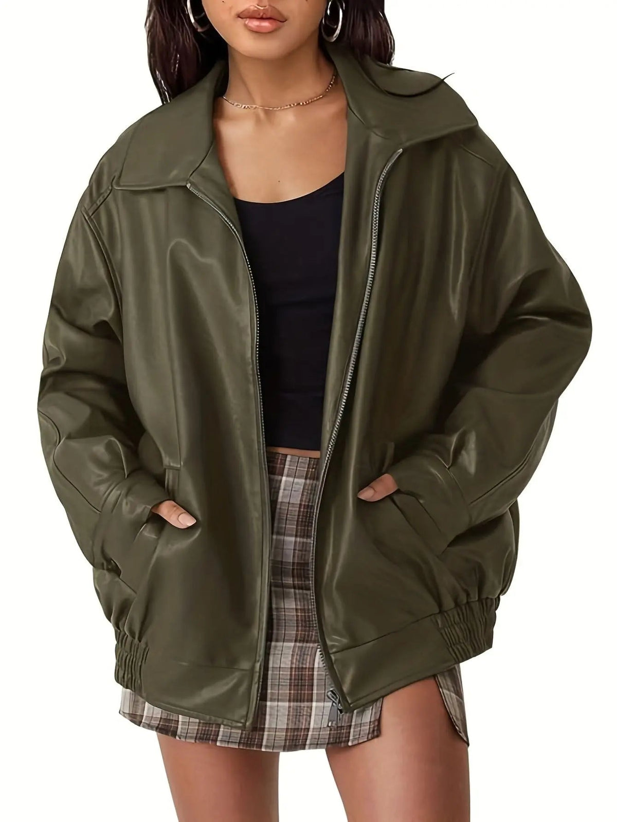 Rose leather bomber jacket women oversized silhouette sleek polished finish classic everyday style