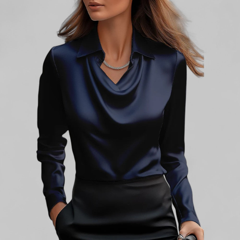 Women's satin blouse draped neckline long sleeve silky top elegant professional ivory cream