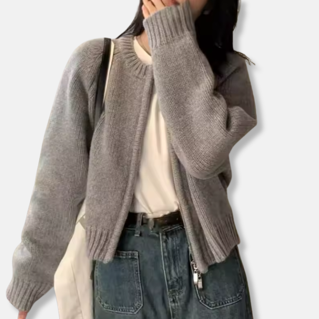 Women's cropped open-front wool knit cardigan relaxed fit layering essential in neutral tones