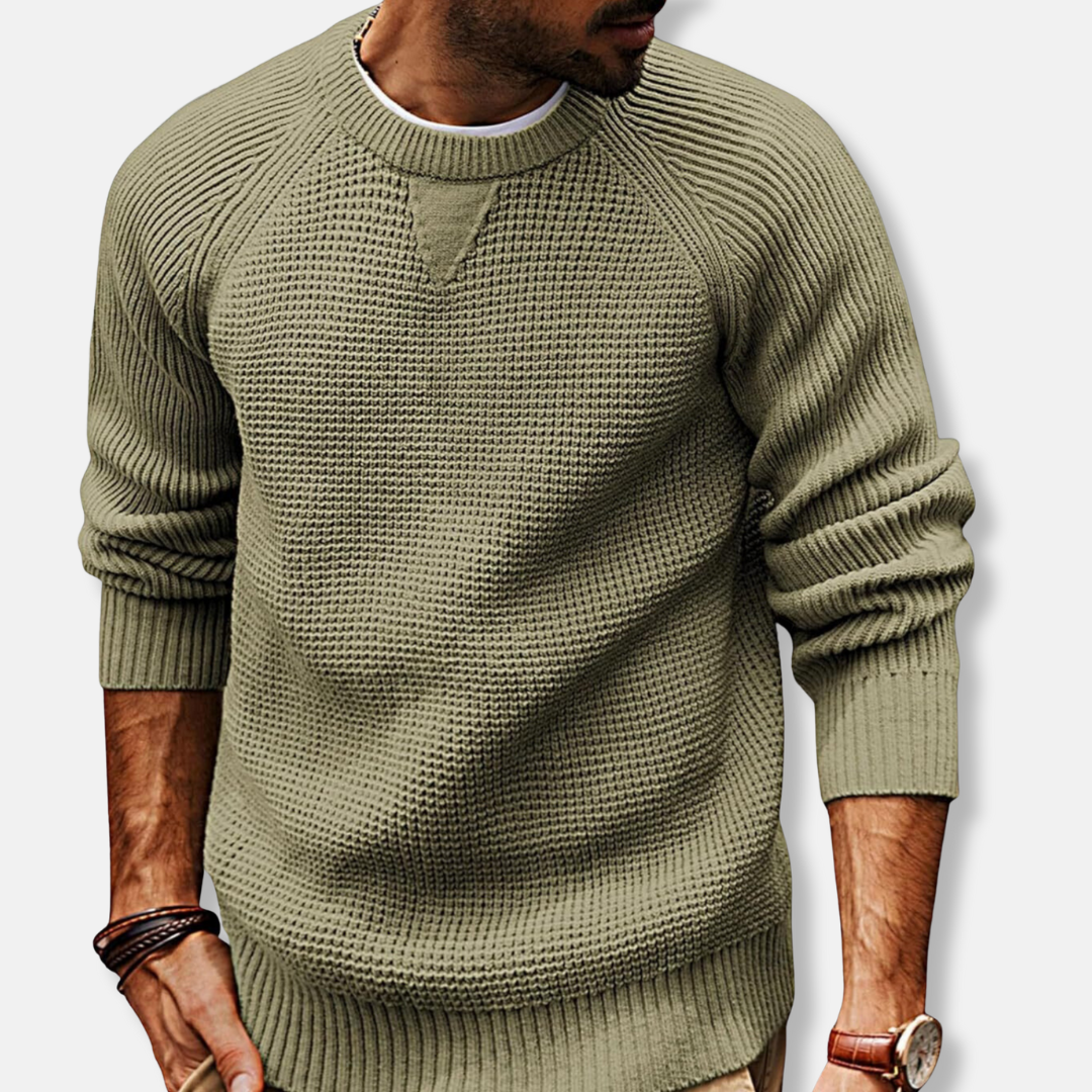 Men's gray knit texture crew neck sweatshirt with long raglan sleeves for casual fall comfort