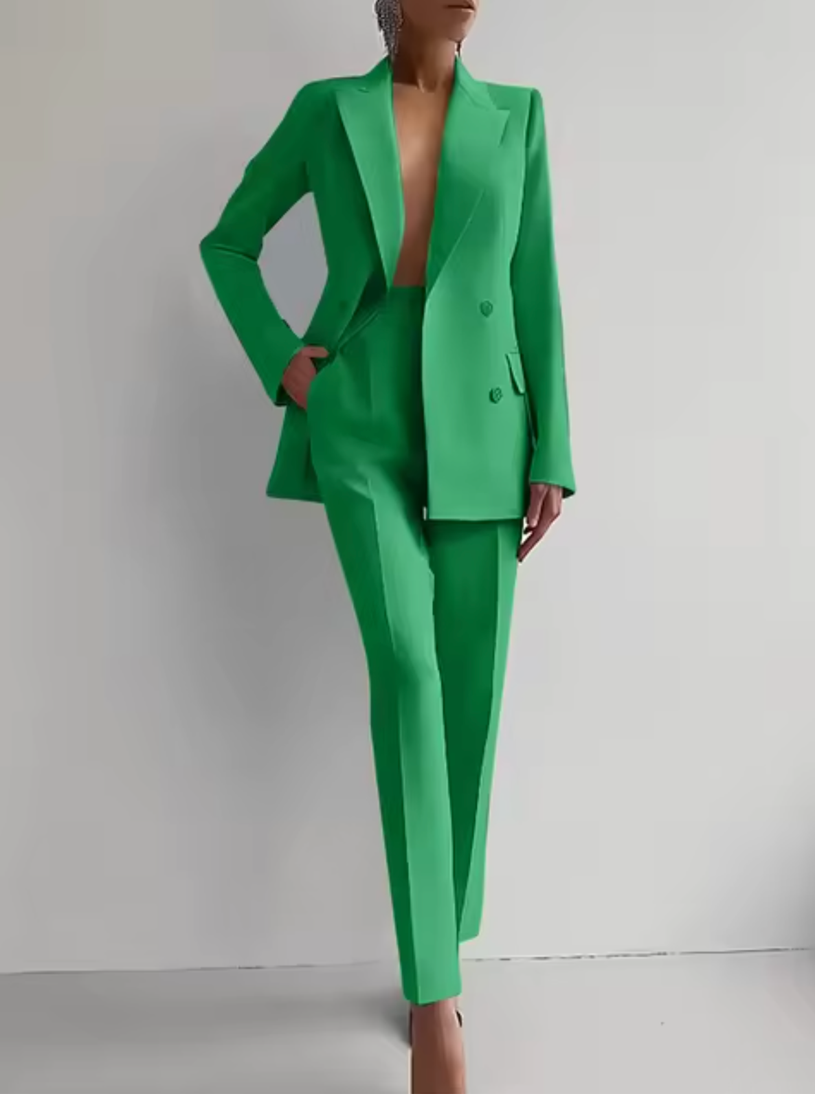 Women tailored double-breasted blazer high-waisted trousers suit professional two-piece set