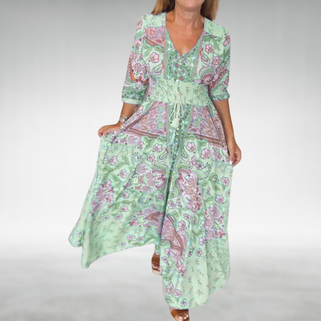 Women's boho flowy maxi dress in soft draped silhouette, cocktail-length with free-spirited feminine fit
