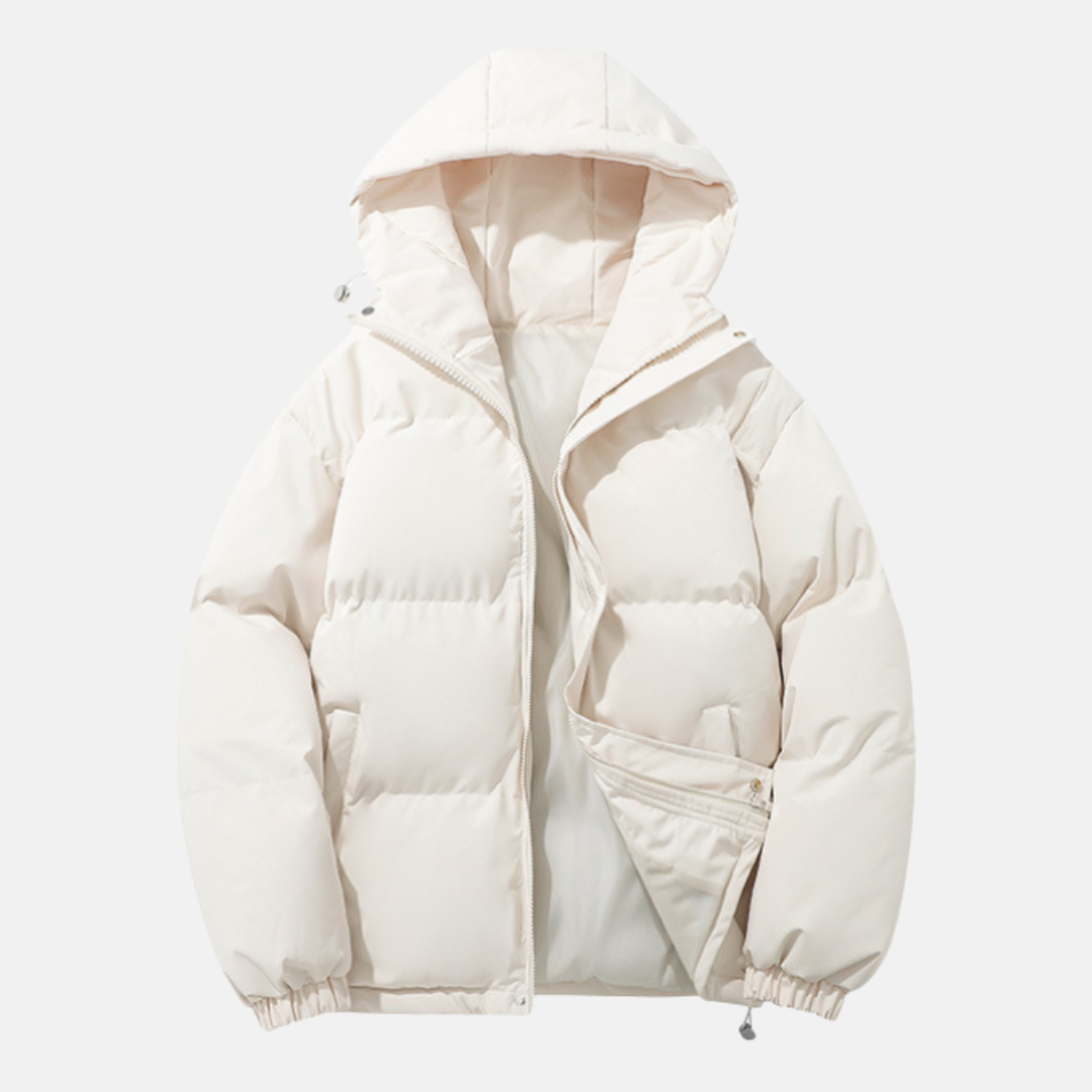 Men's black padded hooded puffer coat relaxed quilted silhouette with elastic hem winter outerwear