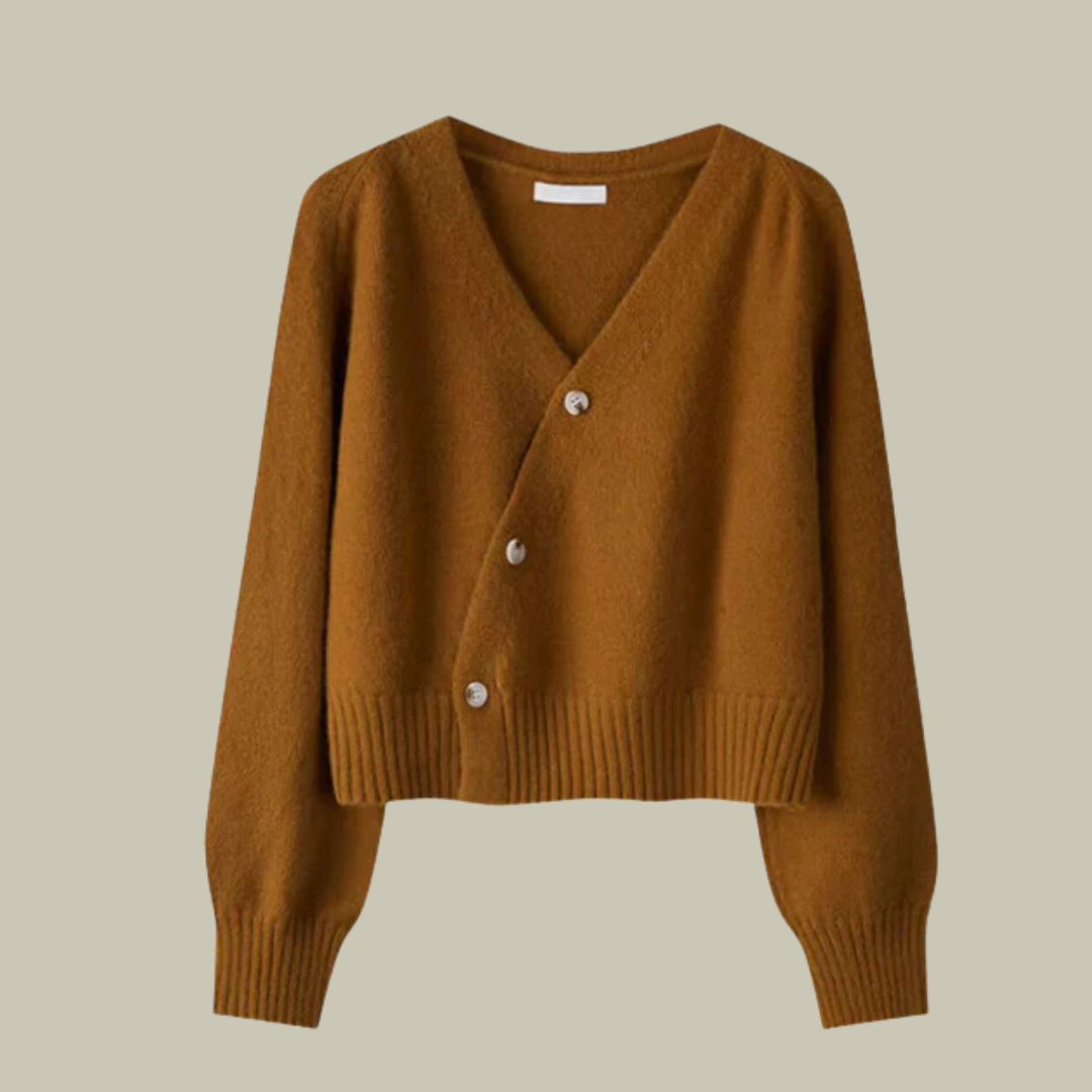 Women's merino wool V-neck cardigan with cross-button wrap closure, elegant asymmetrical silhouette