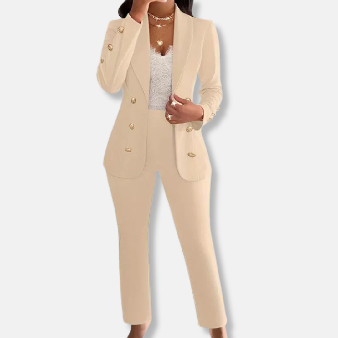 Women's slim fit double-breasted blazer and straight leg trousers set with shawl collar, business formal