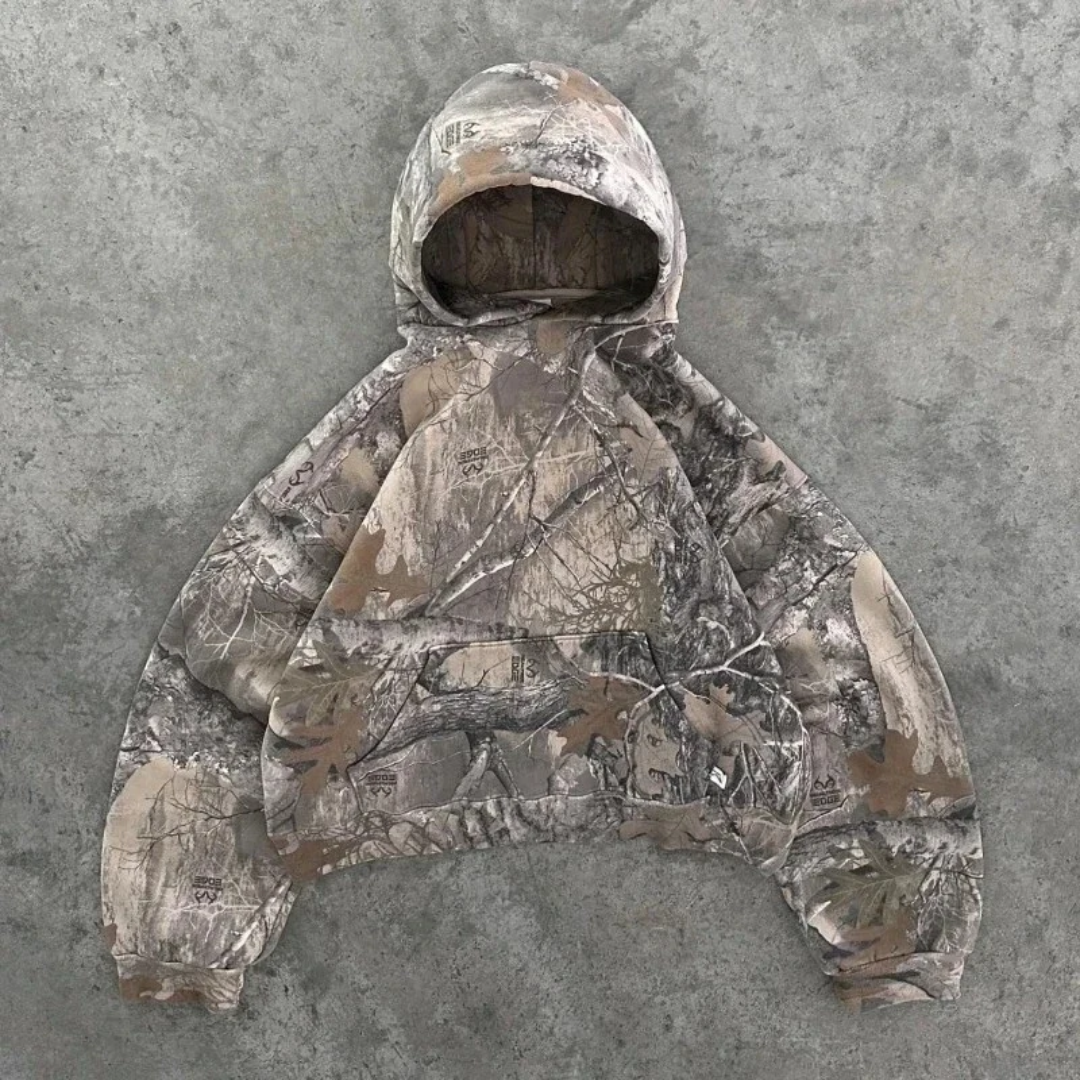 Nathan men's camouflage pullover hoodie with subtle camo pattern and relaxed structured fit