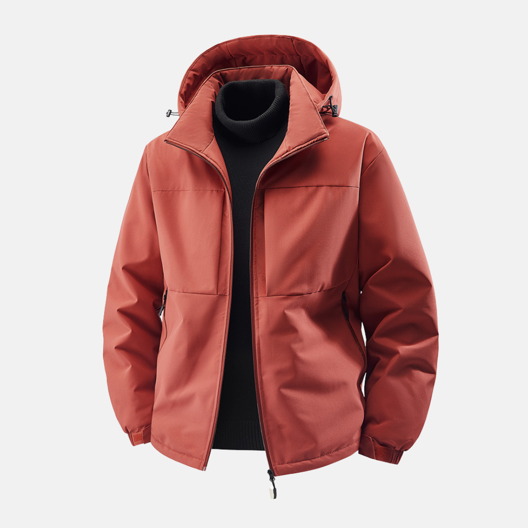 Men's water-resistant windproof hooded jacket relaxed fit with front pockets for outdoor adventures
