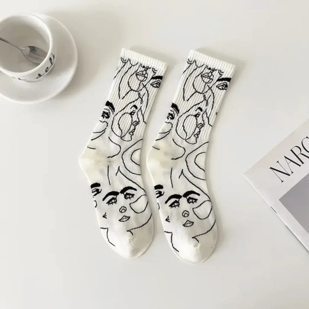 Multicolor abstract face line art crew socks with bold artistic print for expressive everyday style