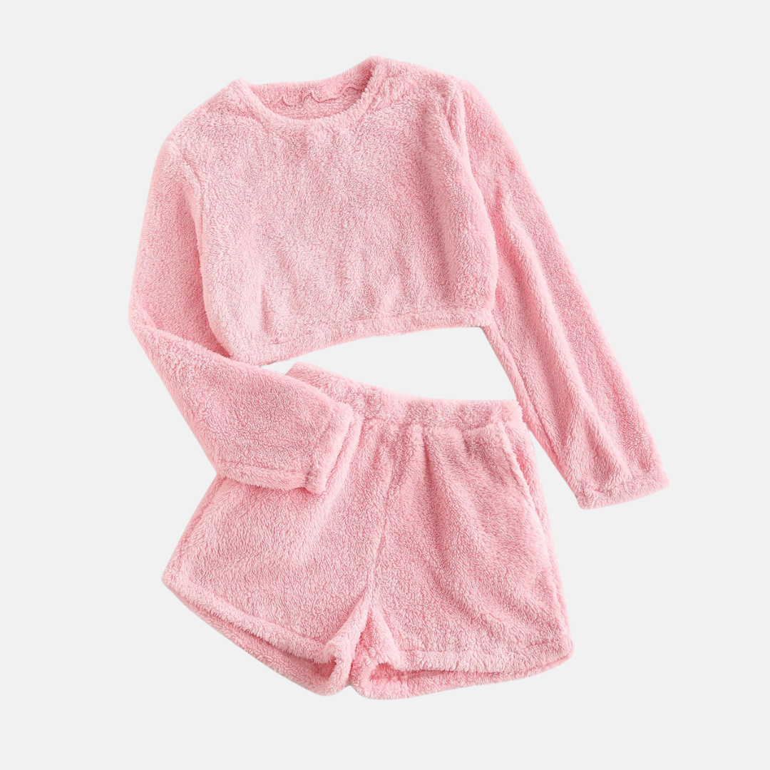 Women's textured plush loungewear set, cropped long sleeve top and high-waisted shorts, cozy fit