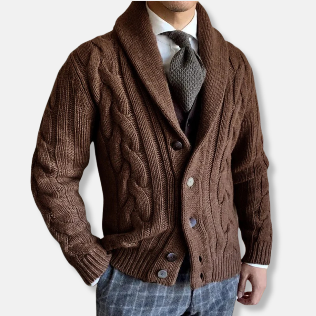 Men's cable knit cardigan shawl lapel regular fit wool-feel long sleeve sweater dark navy
