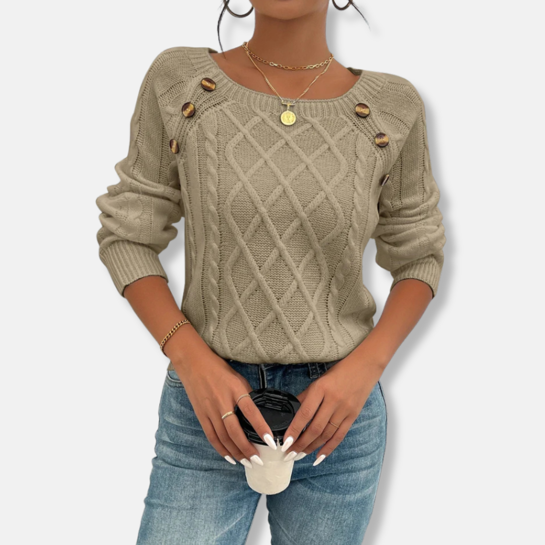 Women's cream cable knit top relaxed fit dropped shoulder with button accent and ribbed cuffs