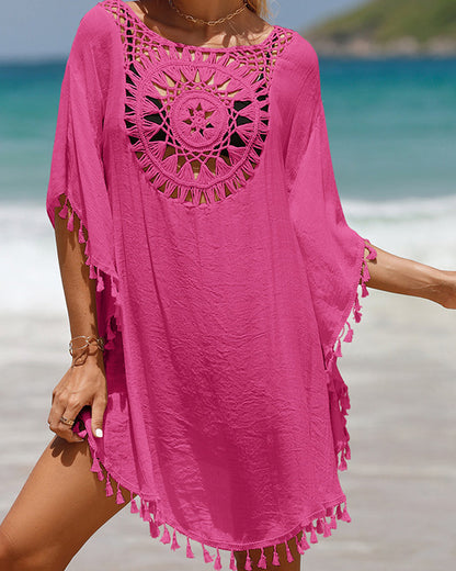 Ivory boho beach cover-up dress with crochet-inspired detailing, lightweight flowy silhouette