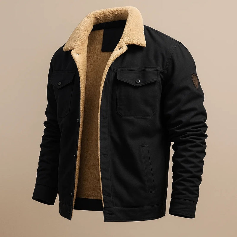 Unisex sherpa-lined winter jacket in neutral tones, windproof cotton shell with multi-pocket utility design