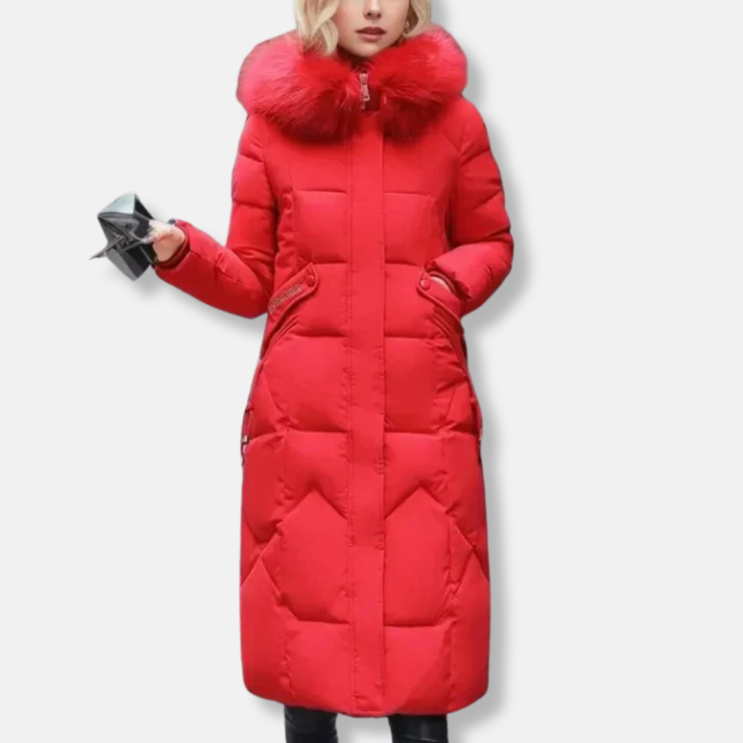 Women's long quilted padded coat slim fit full length with detachable fur collar winter warmth
