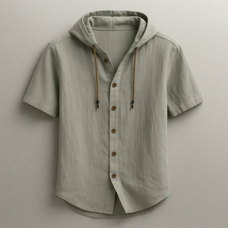 Light beige linen cotton hoodie shirt short sleeve curved hem with drawstring hood casual refined fit