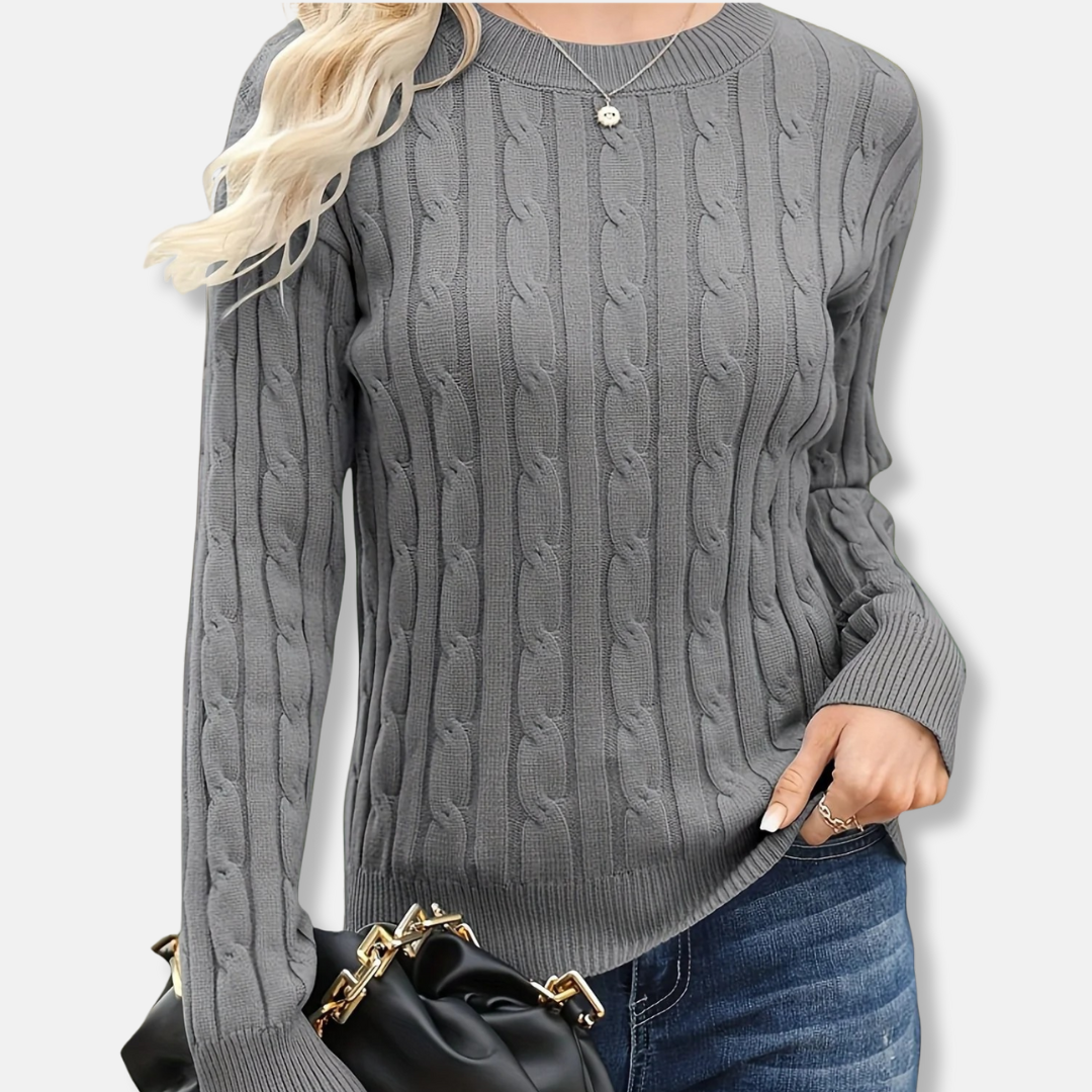 Women's cream cable knit sweater fine gauge crew neck long sleeve relaxed hip-length wool-blend