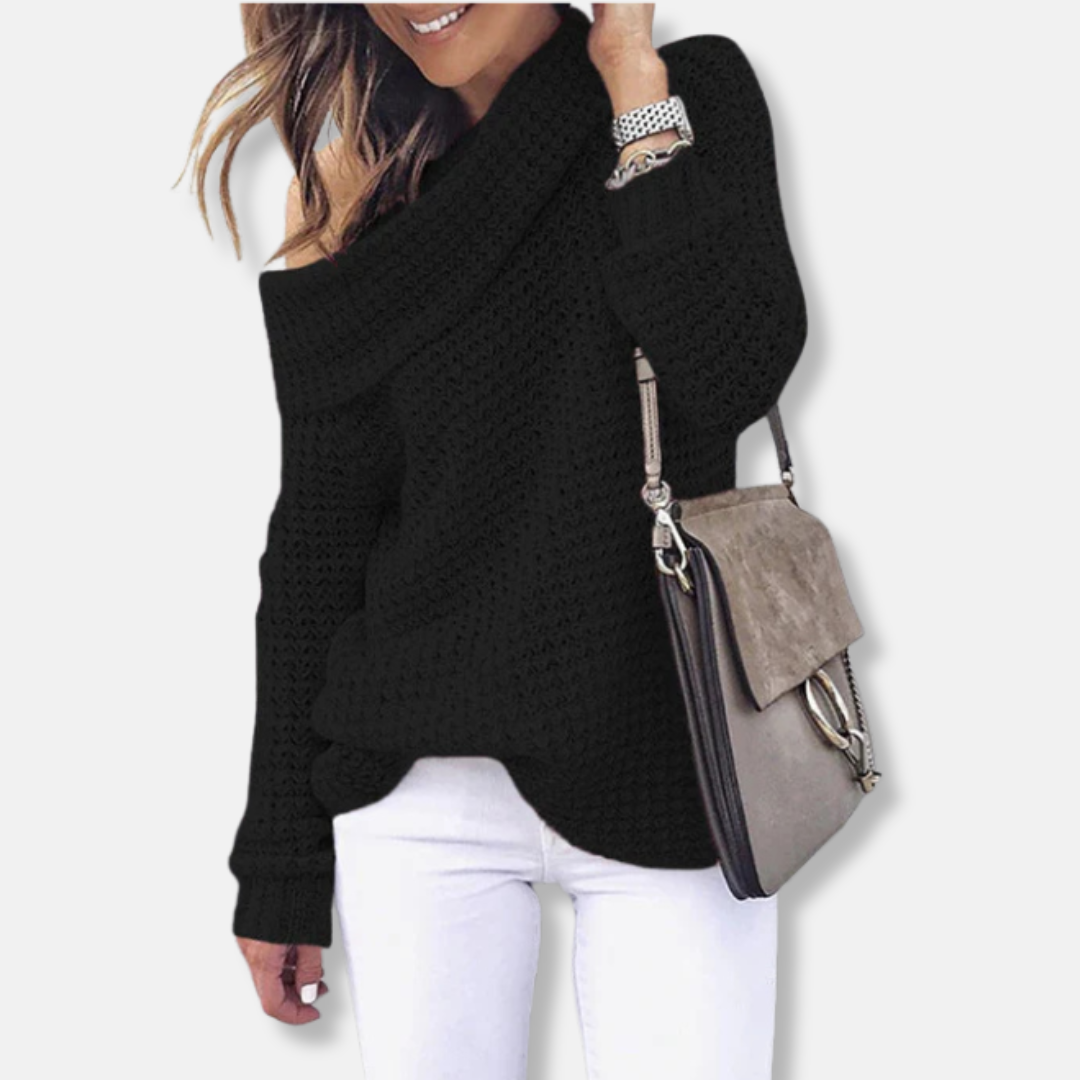 Women's oversized knit sweater with off-shoulder draped neckline, elegant and versatile style