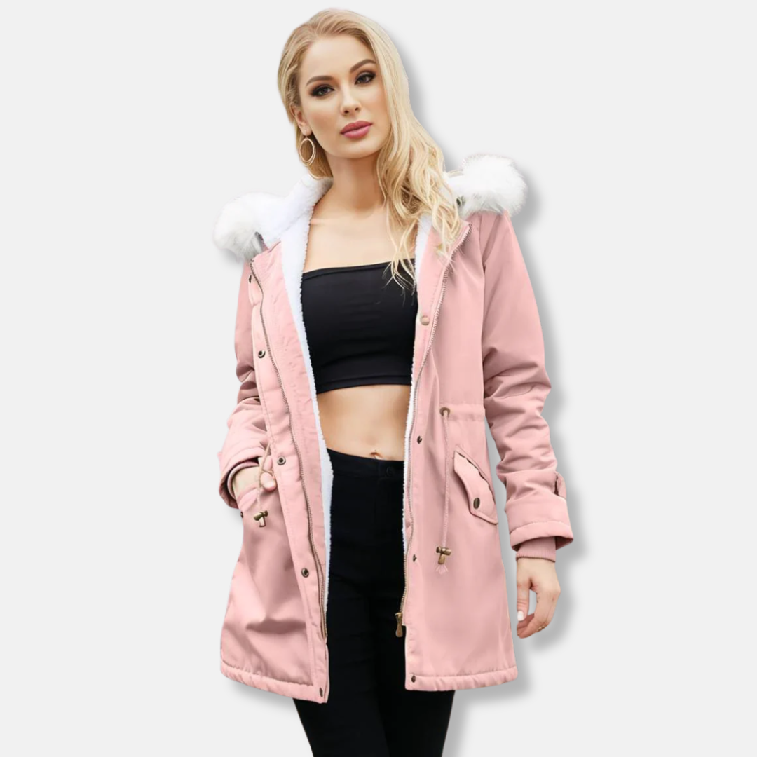 Women's mid-thigh parka jacket smooth woven exterior detachable faux fur trim chic winter coat