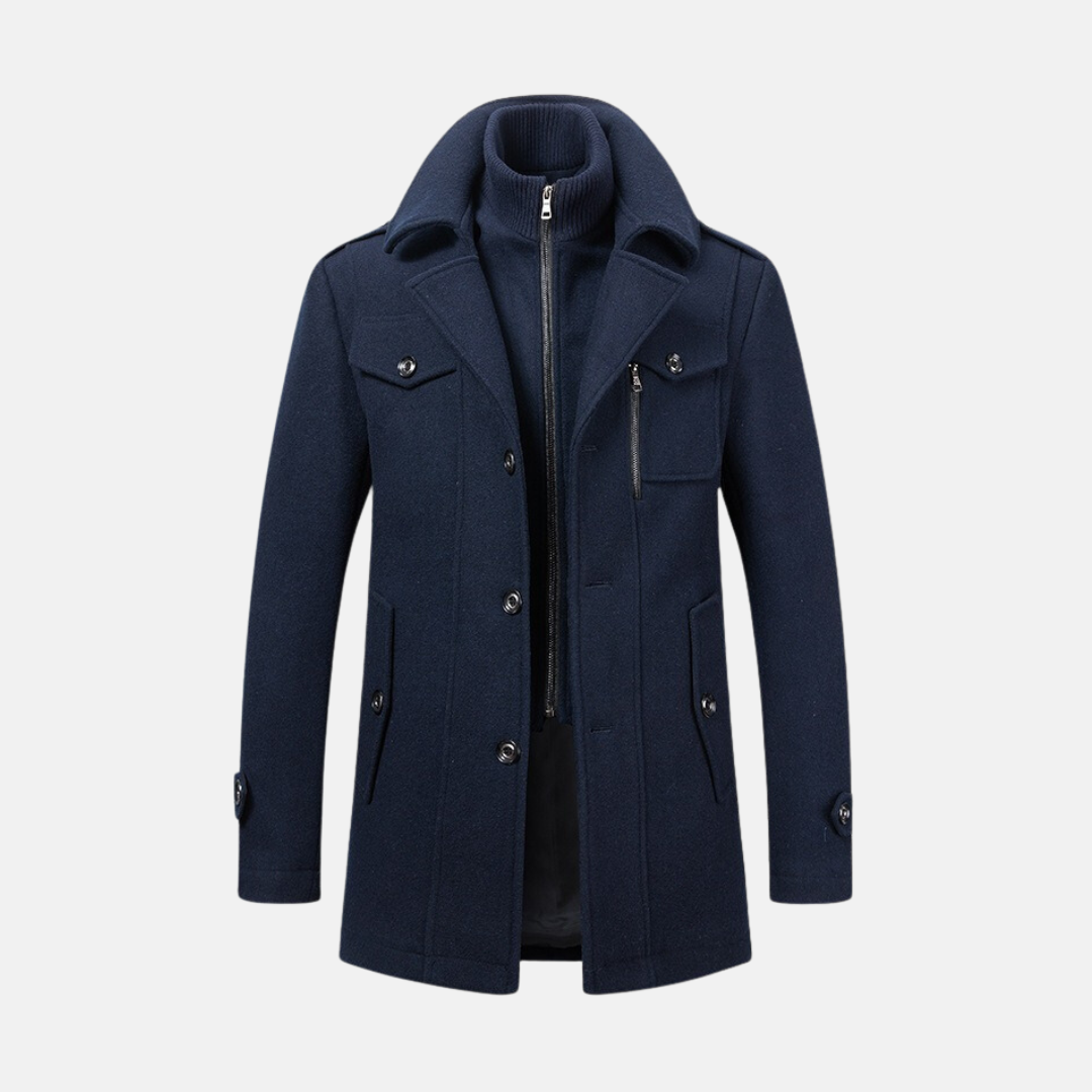 Men's charcoal wool blend slim fit mid-thigh coat with double collar and epaulet shoulder detail