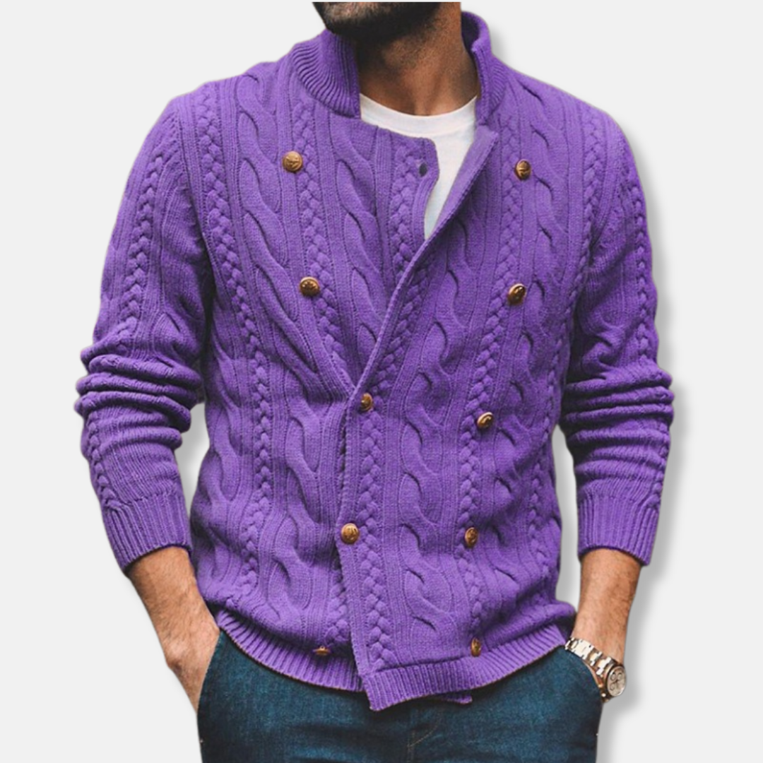 Men's wool blend double-breasted cardigan, semi-high collar, cable knit pattern, regular fit fall winter