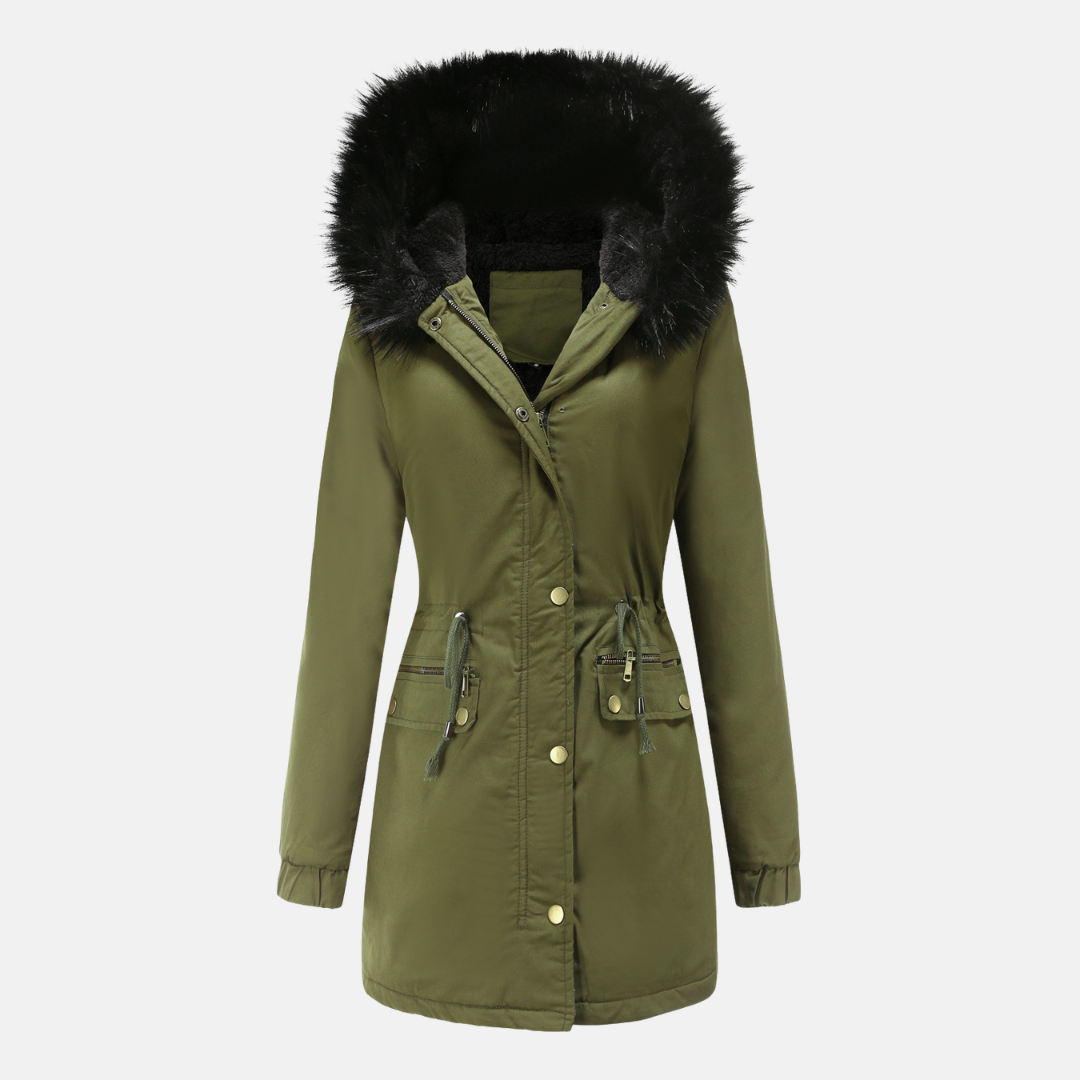 Women's longline parka jacket with faux fur hood, adjustable waist, weather-resistant, black winter coat