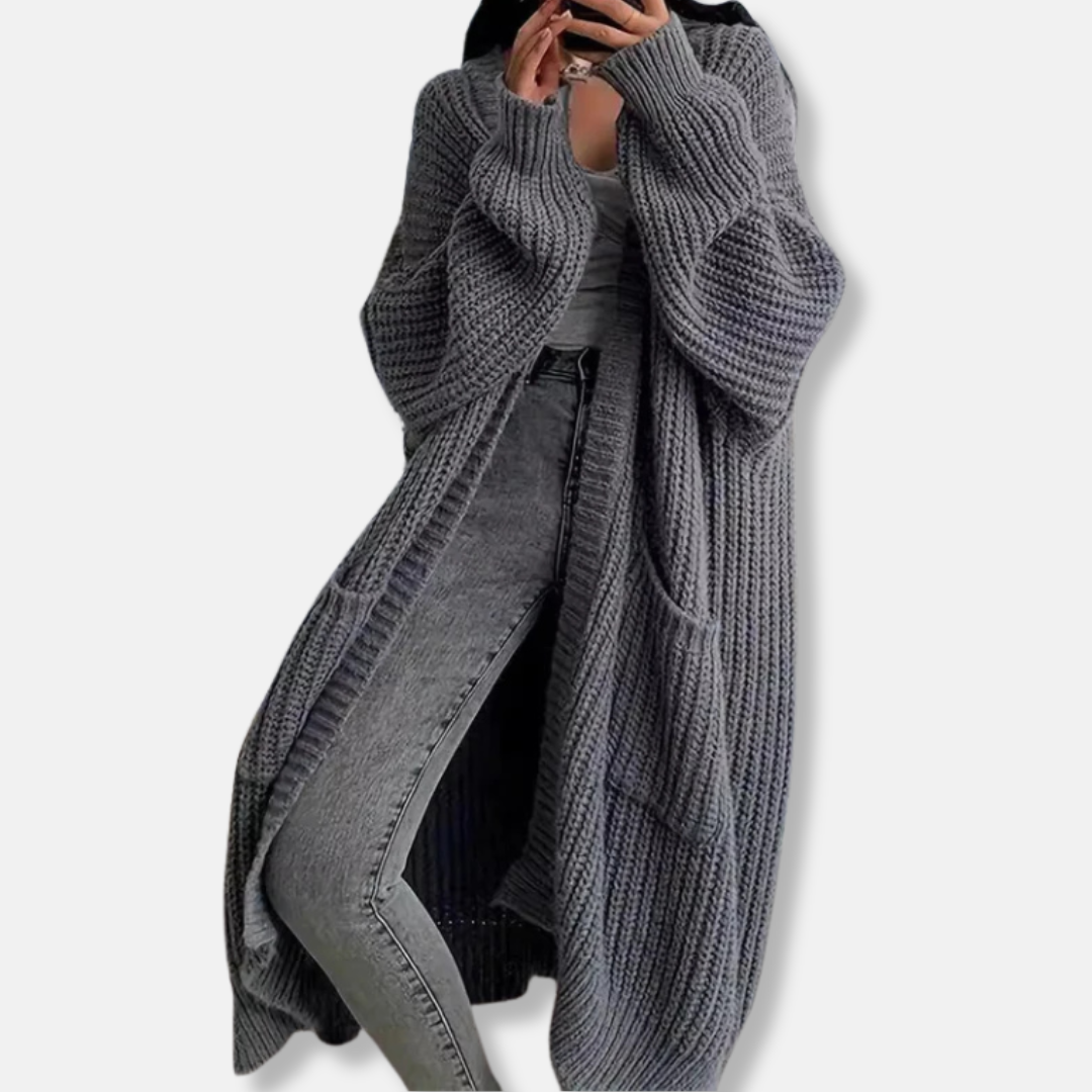 Women's ribbed knit oversized maxi cardigan open front with pockets, cozy fall layering piece
