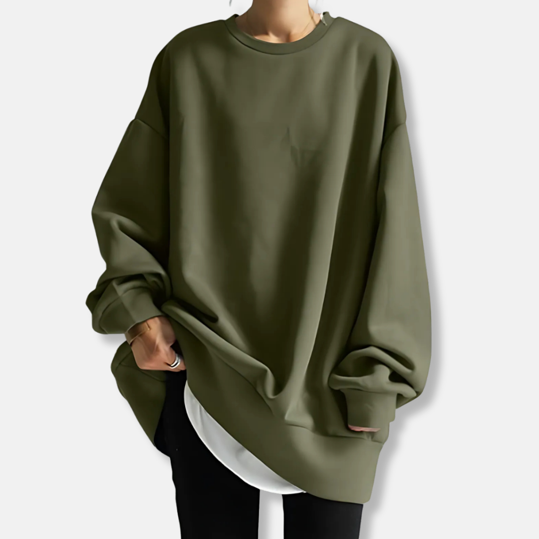 Women's oversized soft knit tunic sweatshirt with ribbed crew neck in relaxed silhouette