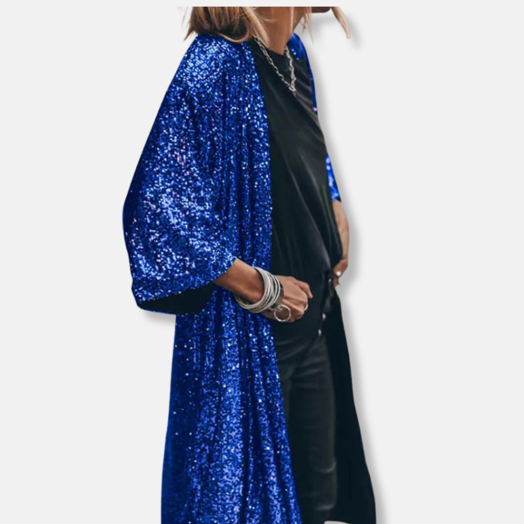 Women's silver sequin duster cardigan loose fit open front three-quarter sleeve sparkle knit
