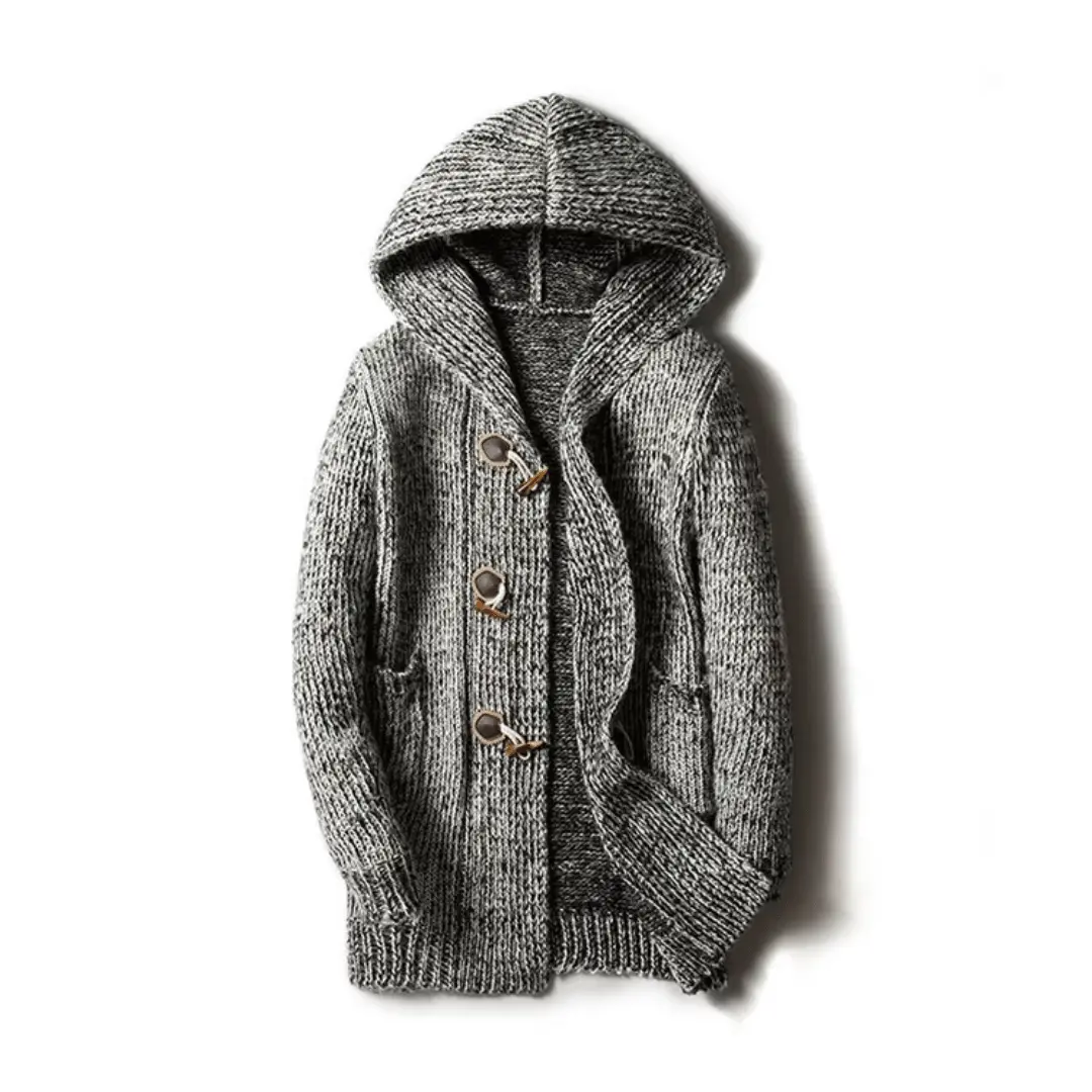 Chunky wool knit hooded cardigan with vintage toggle closures and deep patch pockets