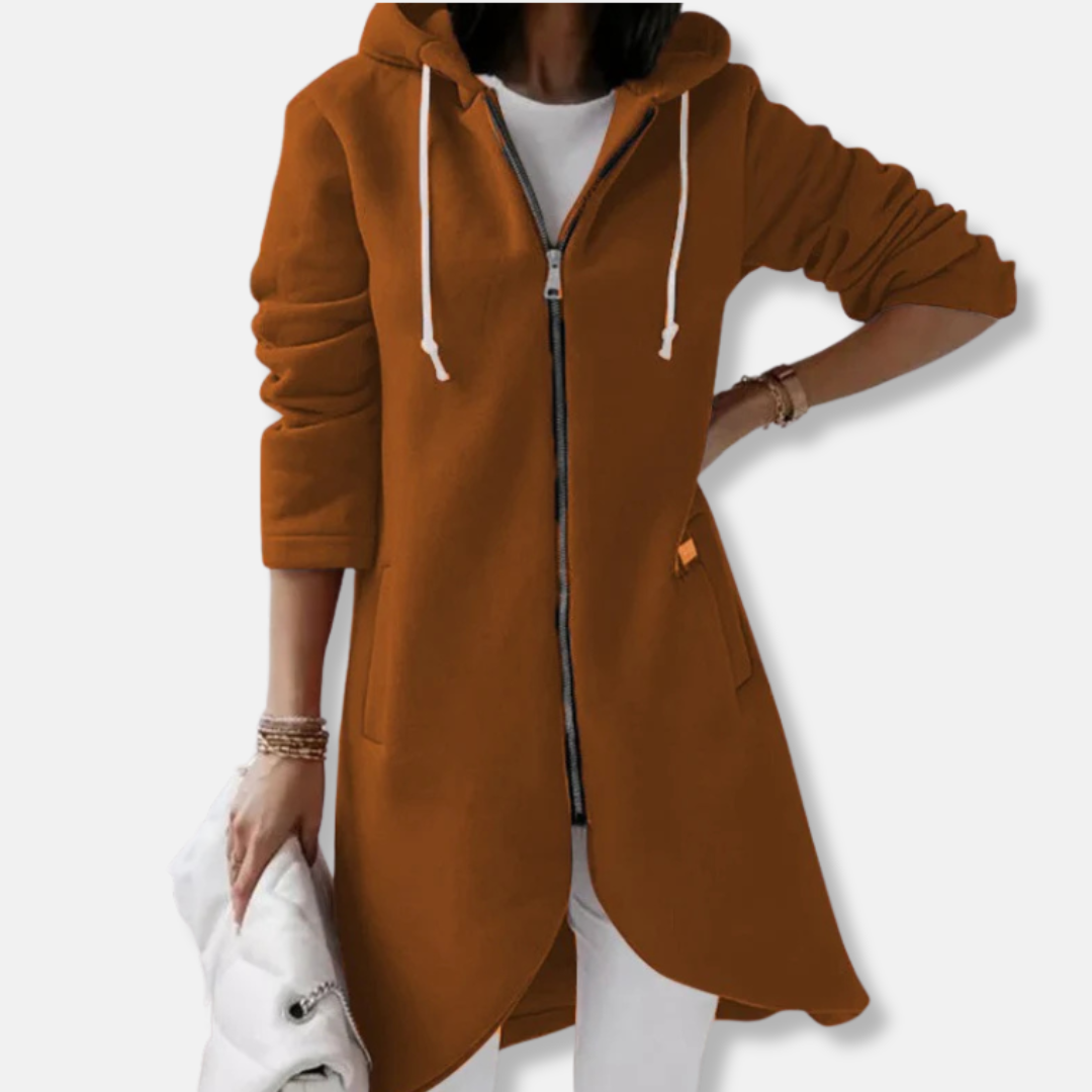 Women's long knit hooded cardigan full-zip relaxed fit with asymmetrical hem for casual elegance