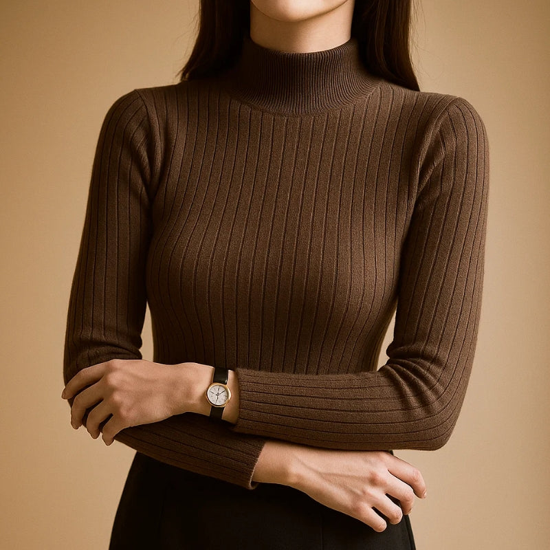 Vera Mont fine rib-knit sweater in neutral tone, slim-fit silhouette with half-high neckline