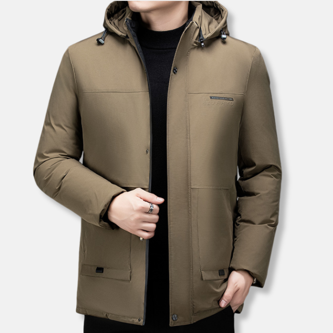 Men's mid-length padded hooded winter coat weatherproof insulated drawstring outerwear