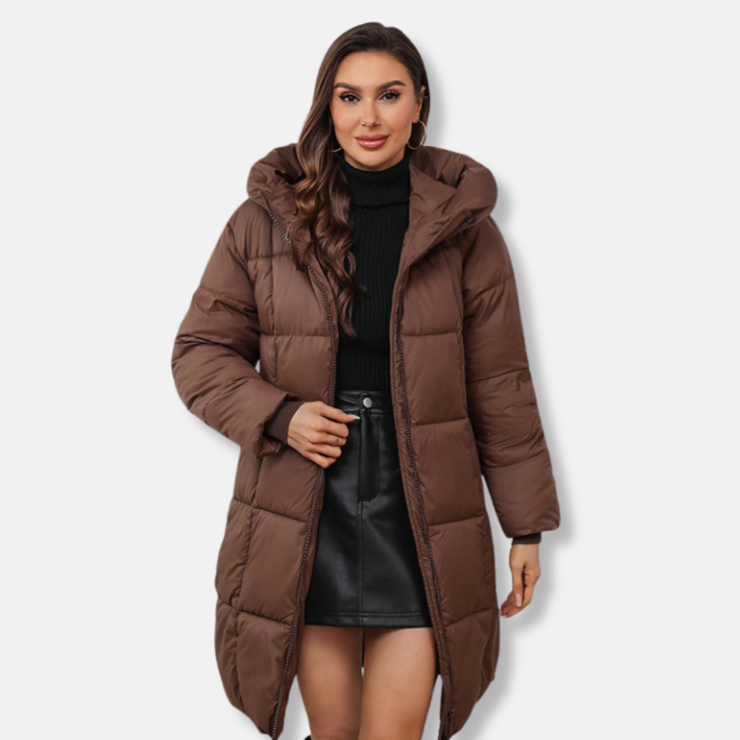 Women's slim-fit quilted mid-length hooded puffer coat insulated winter outerwear