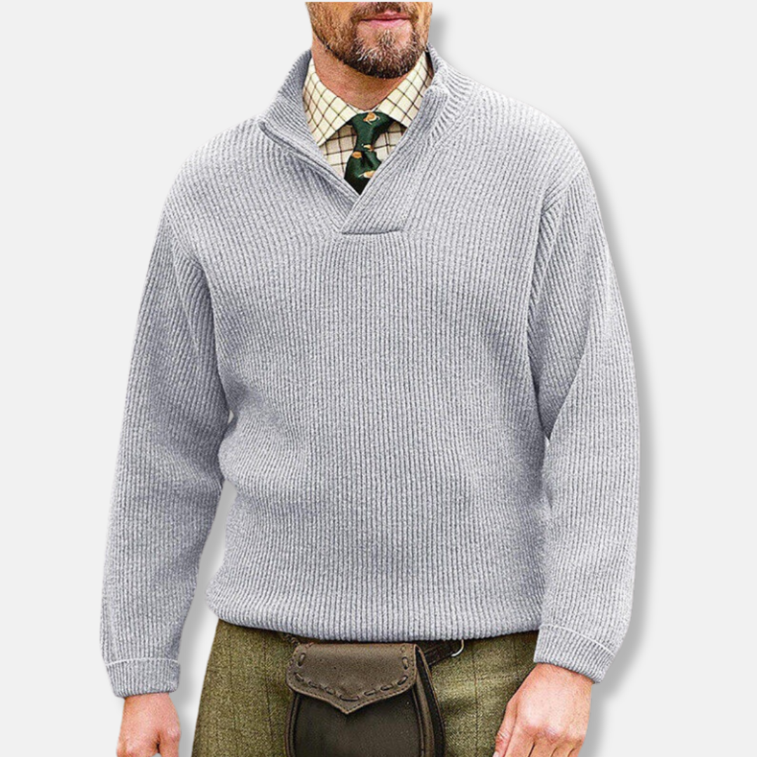 Men's gray cotton blend pullover sweatshirt, loose fit long sleeve with stand collar V-neck