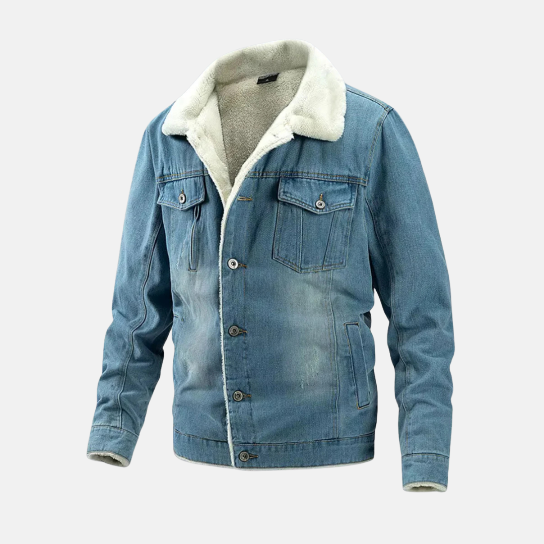 Men's blue denim hip-length jacket with cozy faux shearling lining and front button closure