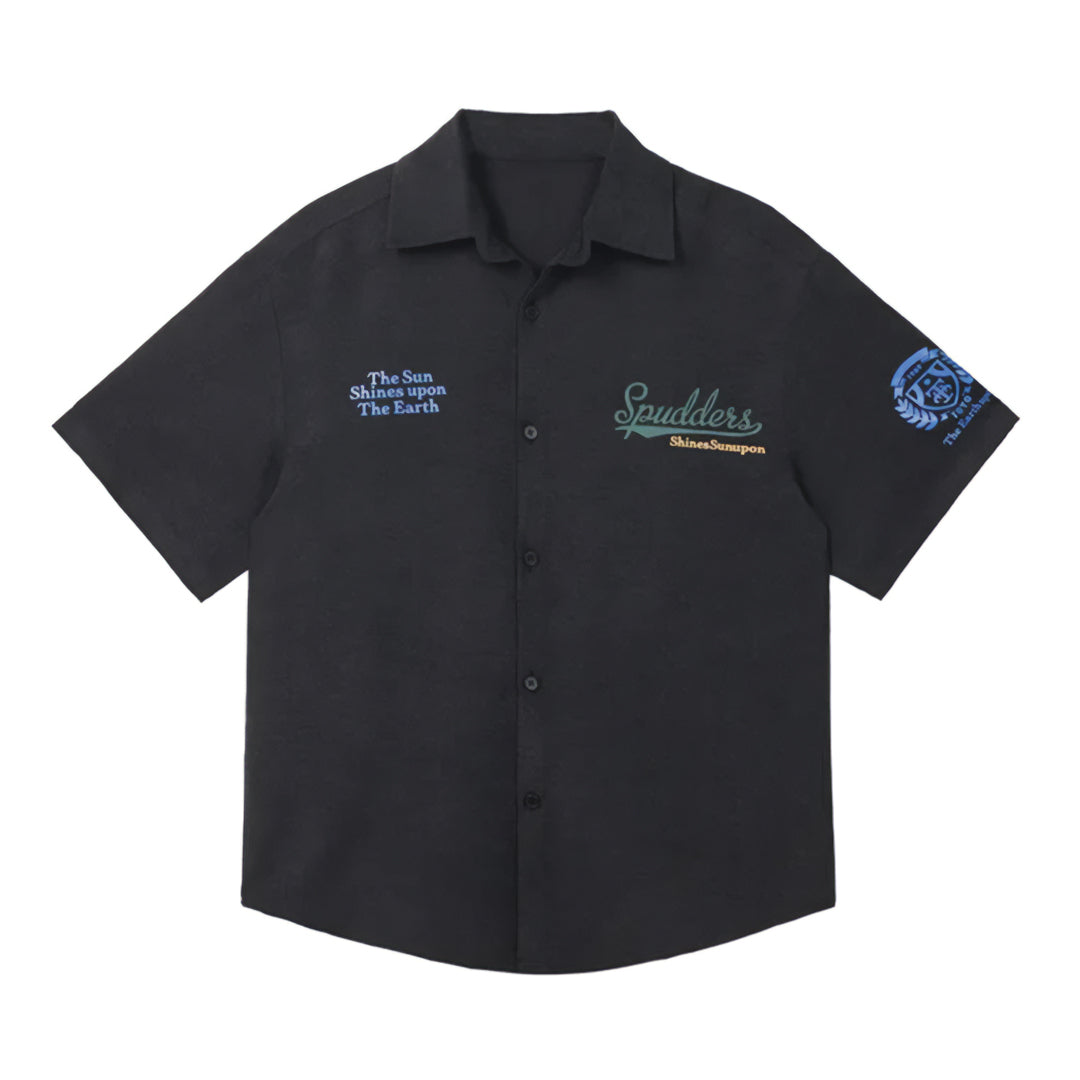 Relaxed-fit camp collar shirt with tonal prints, contrast stitching, and classic Americana retro style