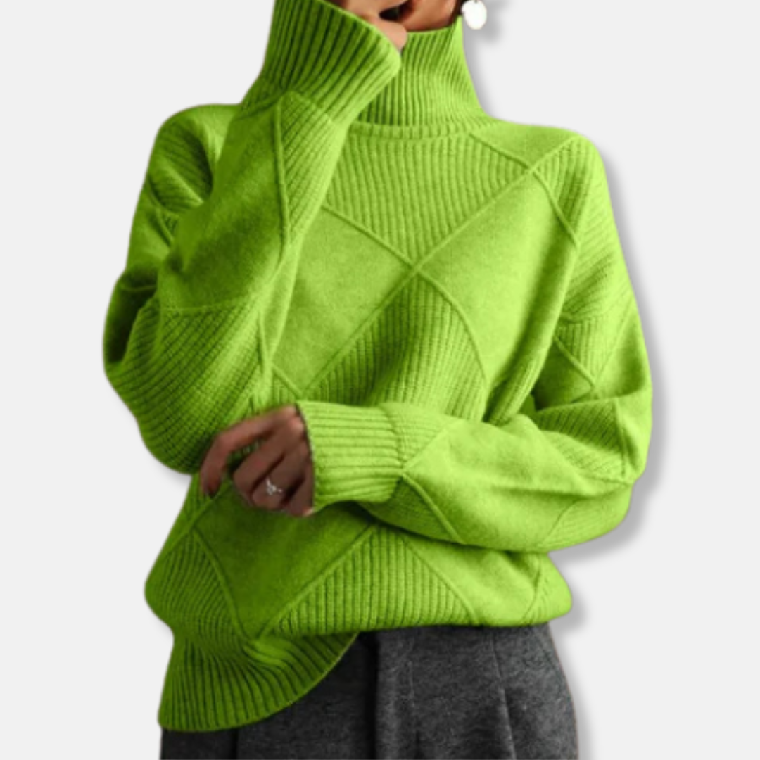 Women's beige relaxed fit turtleneck sweater with elegant ribbed diamond knit texture, hip-length